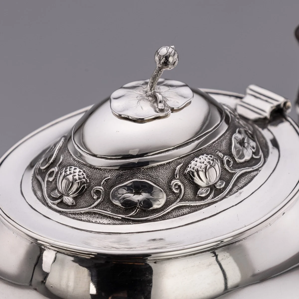 PUSHKINS.COM - A11065 - ANTIQUE 19thC INDIAN STYLE THREE PIECE SOLID SILVER TEA SET, REED & BARTON c1900 - 09.jpg