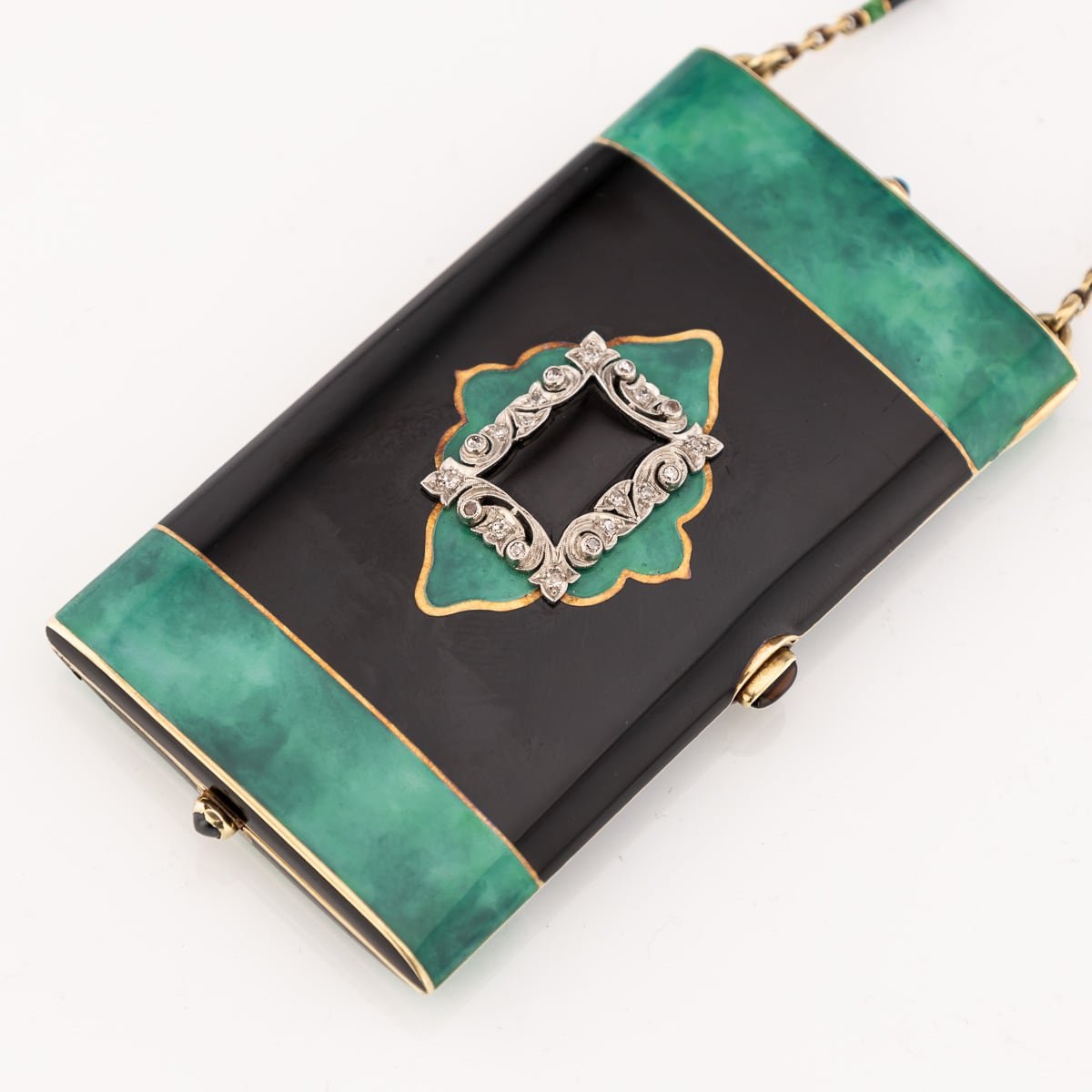 PUSHKINS.COM - ANTIQUE 20thC ART DECO 18K GOLD, LACQUER, ENAMEL & DIAMOND VANITY CASE c.1920 - 4.jpg