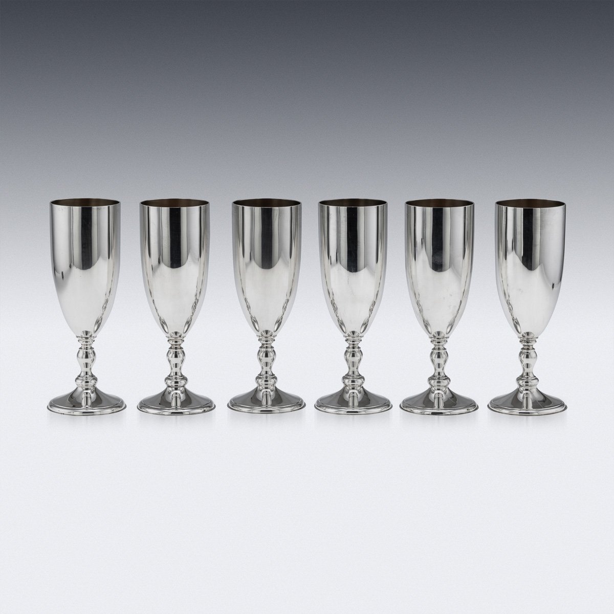 PUSHKINS.COM - J12513 - VINTAGE 20thC ENGLISH SOLID SILVER SET OF SIX CHAMPAGNE FLUTES, LONDON c.1986 -  06.jpg