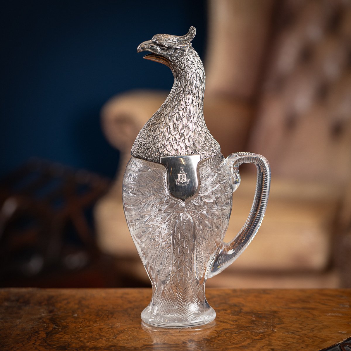 PUSHKINS.COM - A10443 - ANTIQUE 20thC NOVELTY ORNATE HAWK EAGLE SOLID SILVER & GLASS CLARET JUG c.1906 - 03.jpg