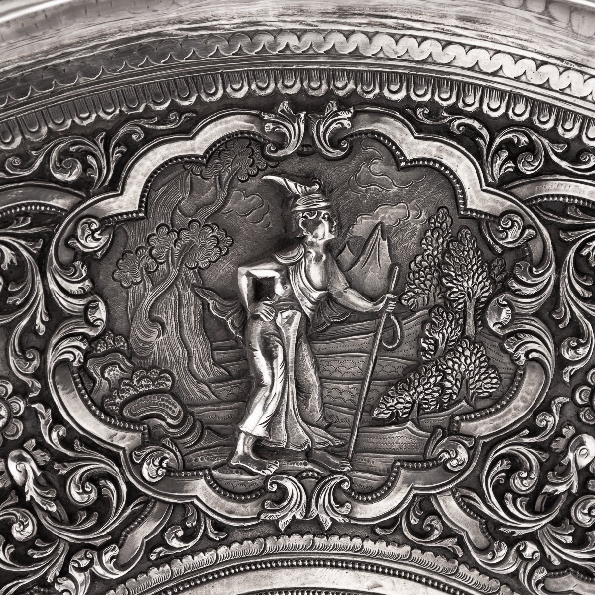 PUSHKINS.COM - A00021 - ANTIQUE 20thC BURMESE SOLID SILVER MYTHOLOGICAL ZODIAC REPOUSSÉ SALVER c.1900 - 14.jpg