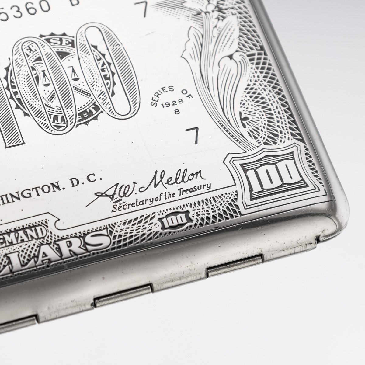 PUSHKINS.COM - J11197 - 20thC AMERICAN SILVER-PLATED CIGARETTE CASE & LIGHTER SHAPED AS A HUNDRED DOLLAR BILL - 26.jpg
