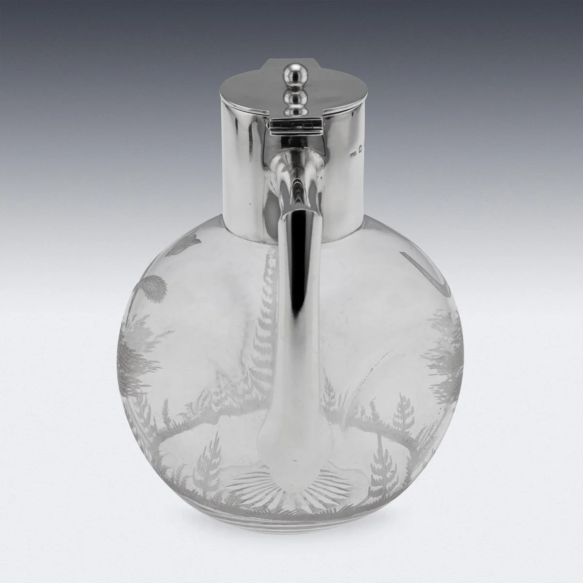 PUSHKINS.COM - D11663 - ANTIQUE 19thC ENGLISH SOLID SILVER & ETCHED GLASS CLARET JUG, BIRMINGHAM c.1897 - 16.jpg