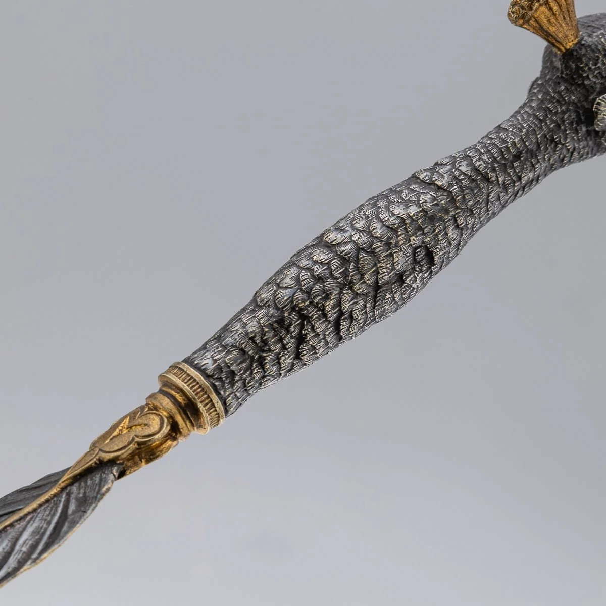 PUSHKINS.COM - J12115 - ANTIQUE 20thC SILVER PLATE & BRASS PEACOCK LETTER OPENER - 09.jpg