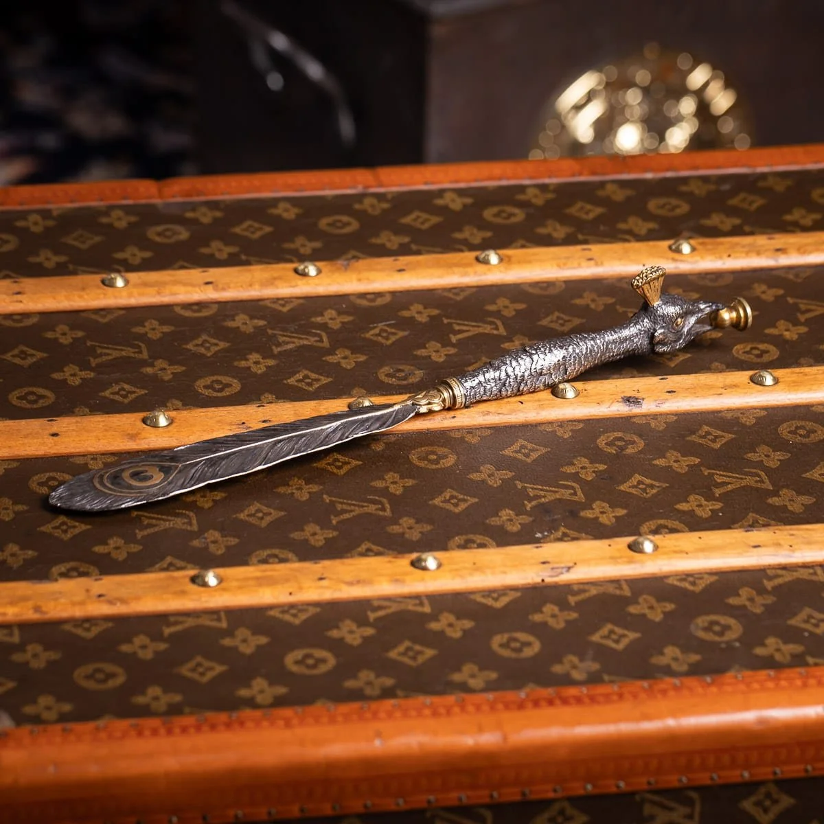PUSHKINS.COM - J12115 - ANTIQUE 20thC SILVER PLATE & BRASS PEACOCK LETTER OPENER - 03.jpg