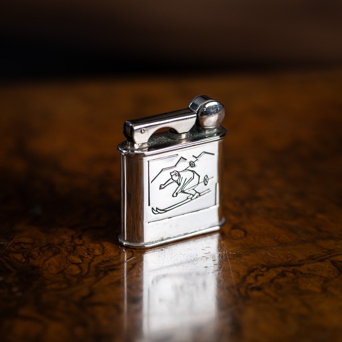 PUSHKINS.COM - J9836 - 20thC FRENCH CHROME PLATED NOVELTY 'SKIIER' LIGHTER BY ARTHUS BERTRAND c.1950 - 03.jpg