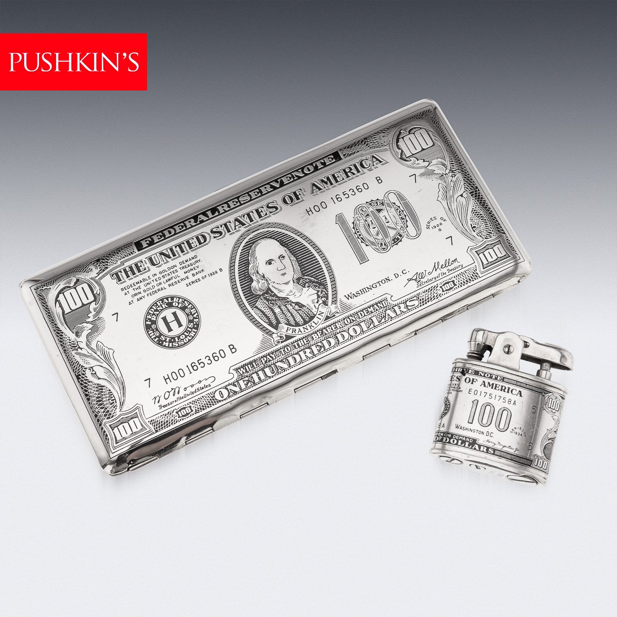 PUSHKINS.COM - J11197 - 20thC AMERICAN SILVER-PLATED CIGARETTE CASE & LIGHTER SHAPED AS A HUNDRED DOLLAR BILL - 02.jpg
