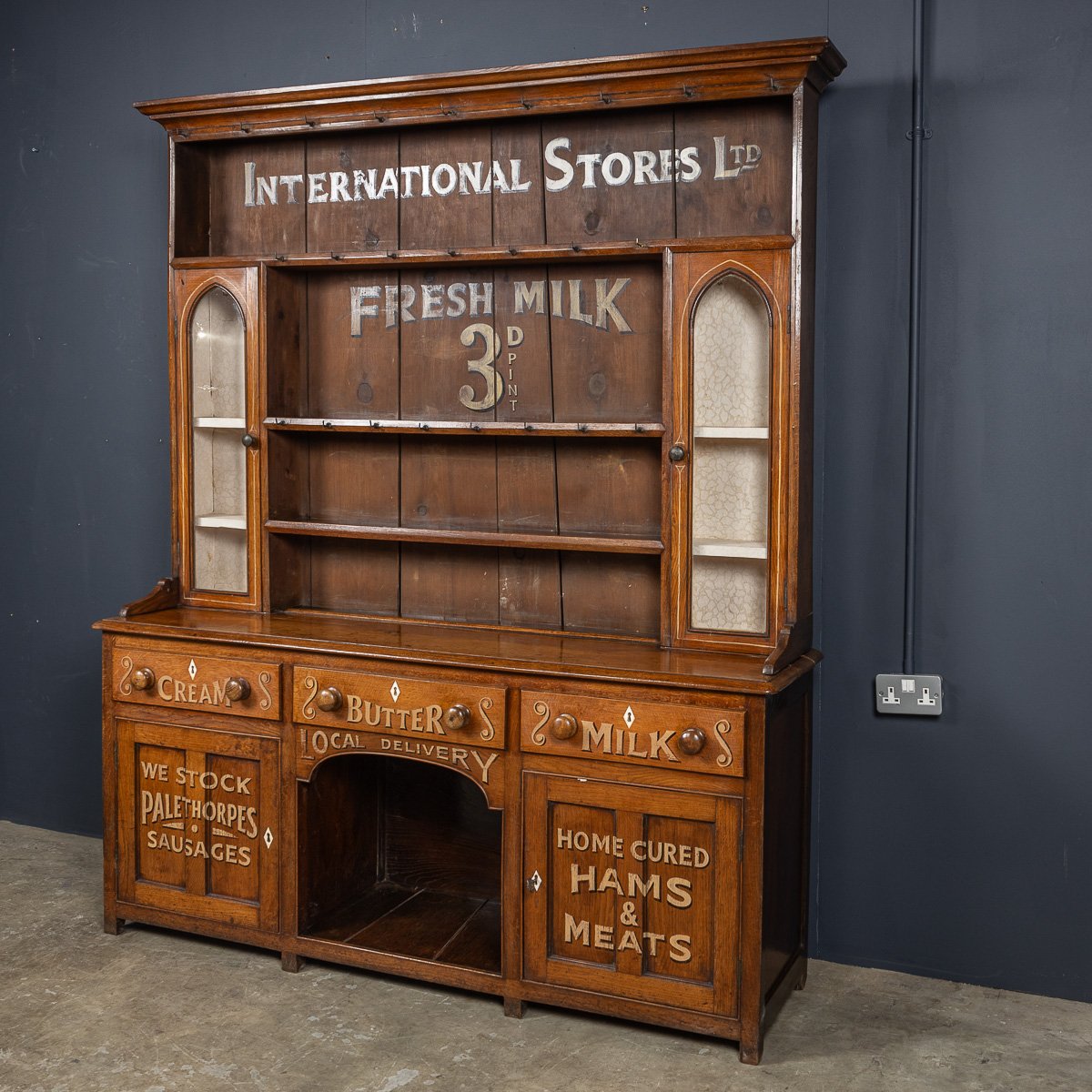 PUSHKINS.COM - D11137 - ANTIQUE 19thC VICTORIAN SOLID OAK & GLASS DRESSER, LATER PAINTED c.1880 - 04.jpg