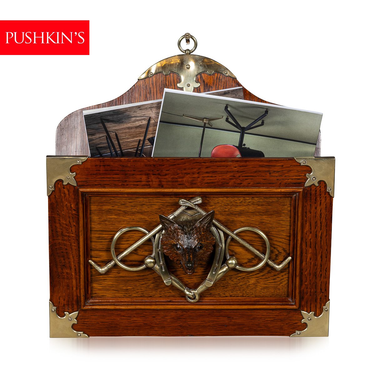 PUSHKINS.COM - D11135 - ANTIQUE 19thC VICTORIAN NEWSPAPER RACK WITH FOX HEAD & BRASS DETAIL c.1890 - 02.jpg