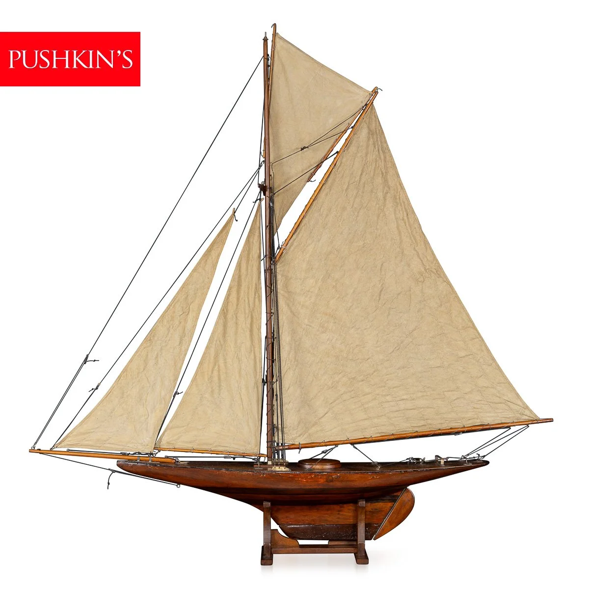 PUSHKINS.COM - B11426 - ANTIQUE 20thC LARGE ENGLISH CARVED HULL POND YACHT c.1920 - 02.jpg