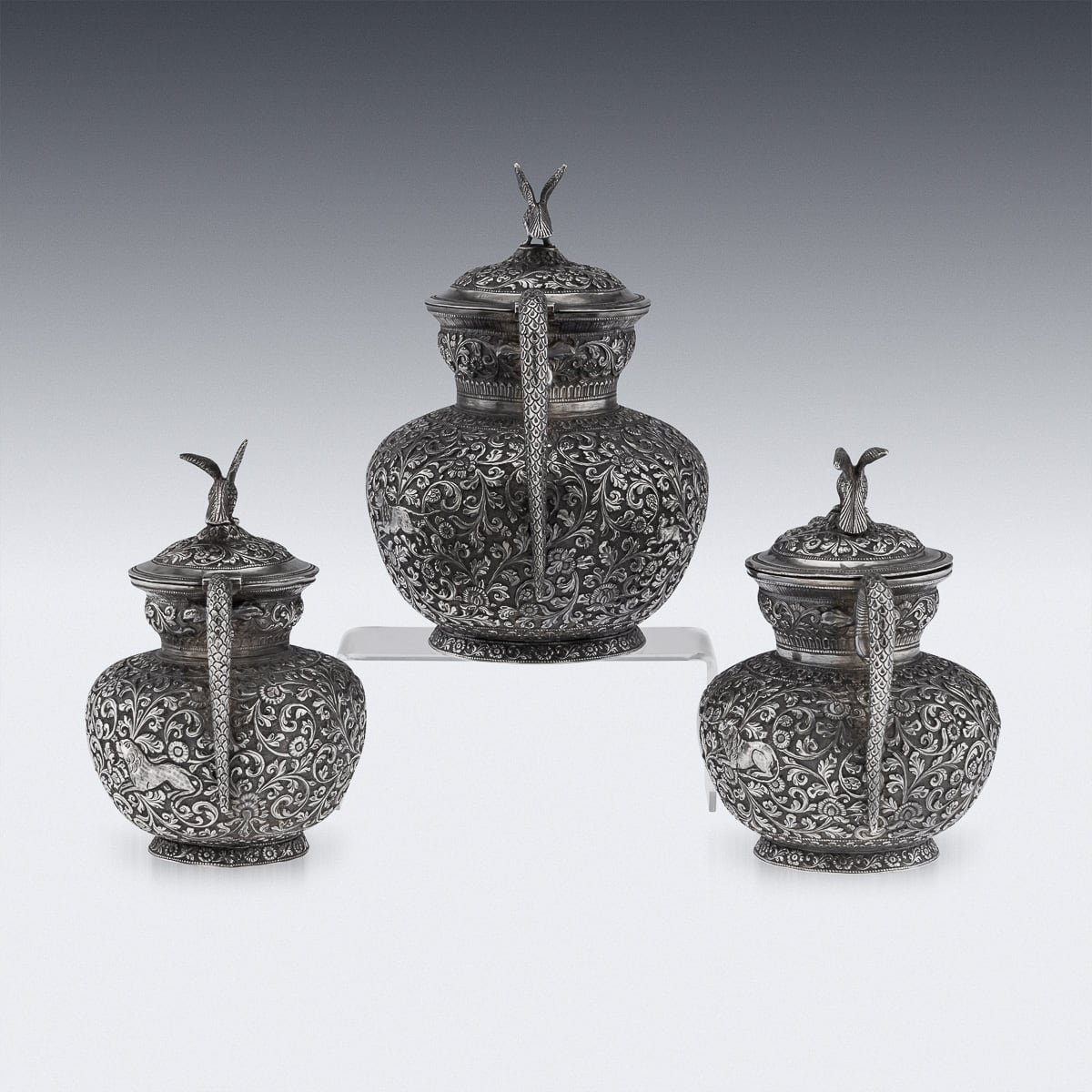 PUSHKINS.COM - ANTIQUE 19thC INDIAN CUTCH SOLID SILVER THREE PIECE TEA SET, V KISHORE c.1890 - 2.jpg