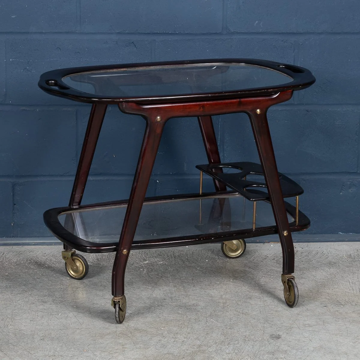 PUSHKINS.COM - B12760 - VINTAGE 20thC ITALIAN DARK STAINED WOOD & GLASS DRINKS TROLLEY c.1960 - 03.jpg