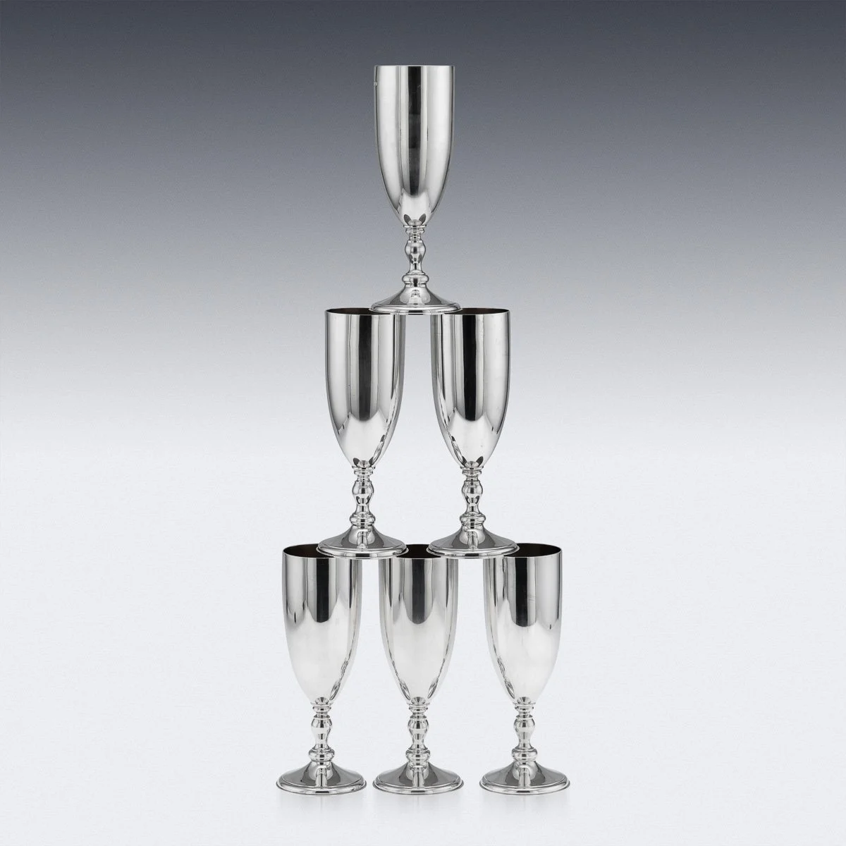 PUSHKINS.COM - J12513 - VINTAGE 20thC ENGLISH SOLID SILVER SET OF SIX CHAMPAGNE FLUTES, LONDON c.1986 -  05.jpg