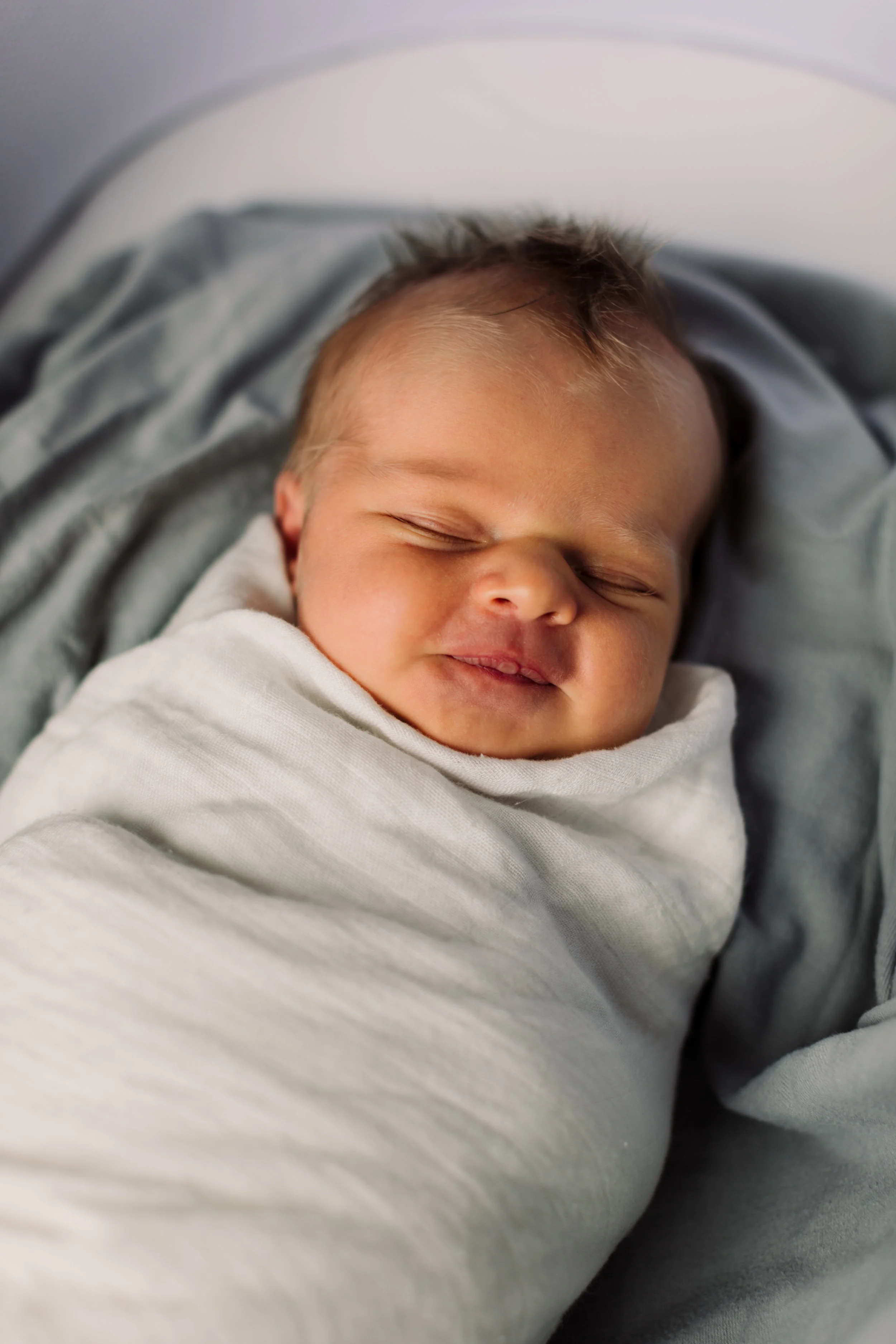 Family portrait of newborn baby snug as a bug in a rug.