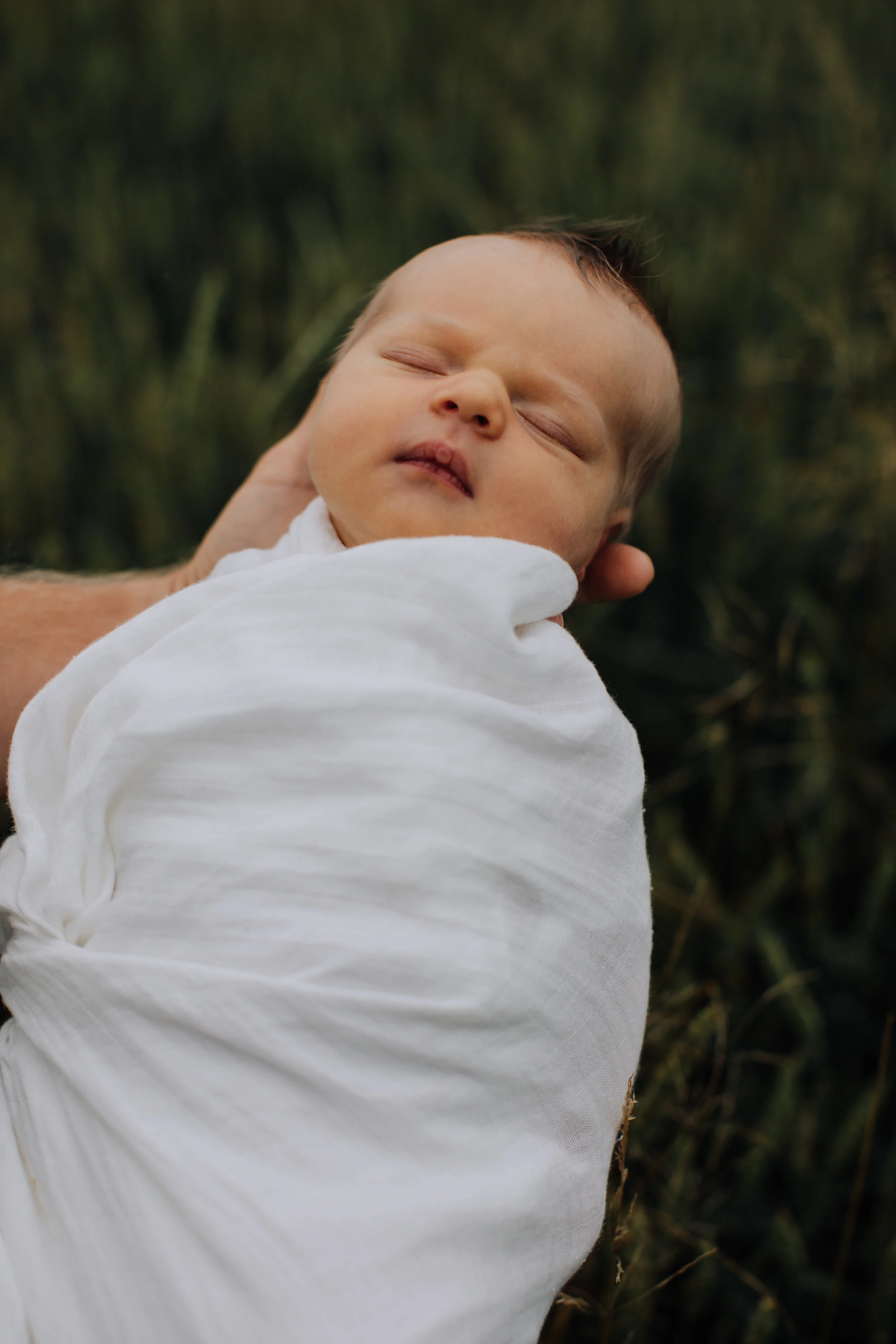 Family portrait of newborn baby outside Maryland home.