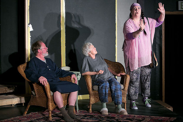 Colter Langan, as Vanya, from left, Dee Dee Van Zyl, as Sonia, and Kari Doll, as Cassandra, rehearse a scene of Vanya and Sonia and Masha and Spike on Monday, Feb. 2, at the Verge Theater in Bozeman. The play, directed by Gordon Carpenter, opens on Friday, Feb. 6.