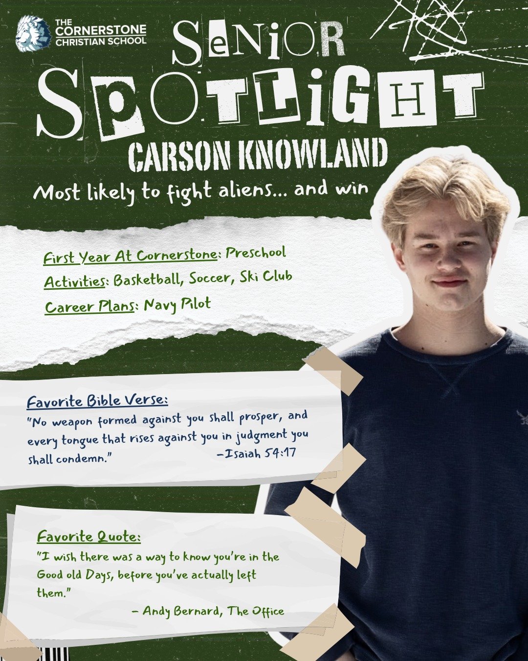 🎓✨ Senior Spotlight &ndash; Class of 2025 ✨🎓
Carson Knowland 🌟

We&rsquo;re proud to recognize Carson as an Alpha &amp; Omega Graduate &mdash; a student who has been part of the CCS family from preschool all the way through 12th grade! 🏁🔚🦁

His