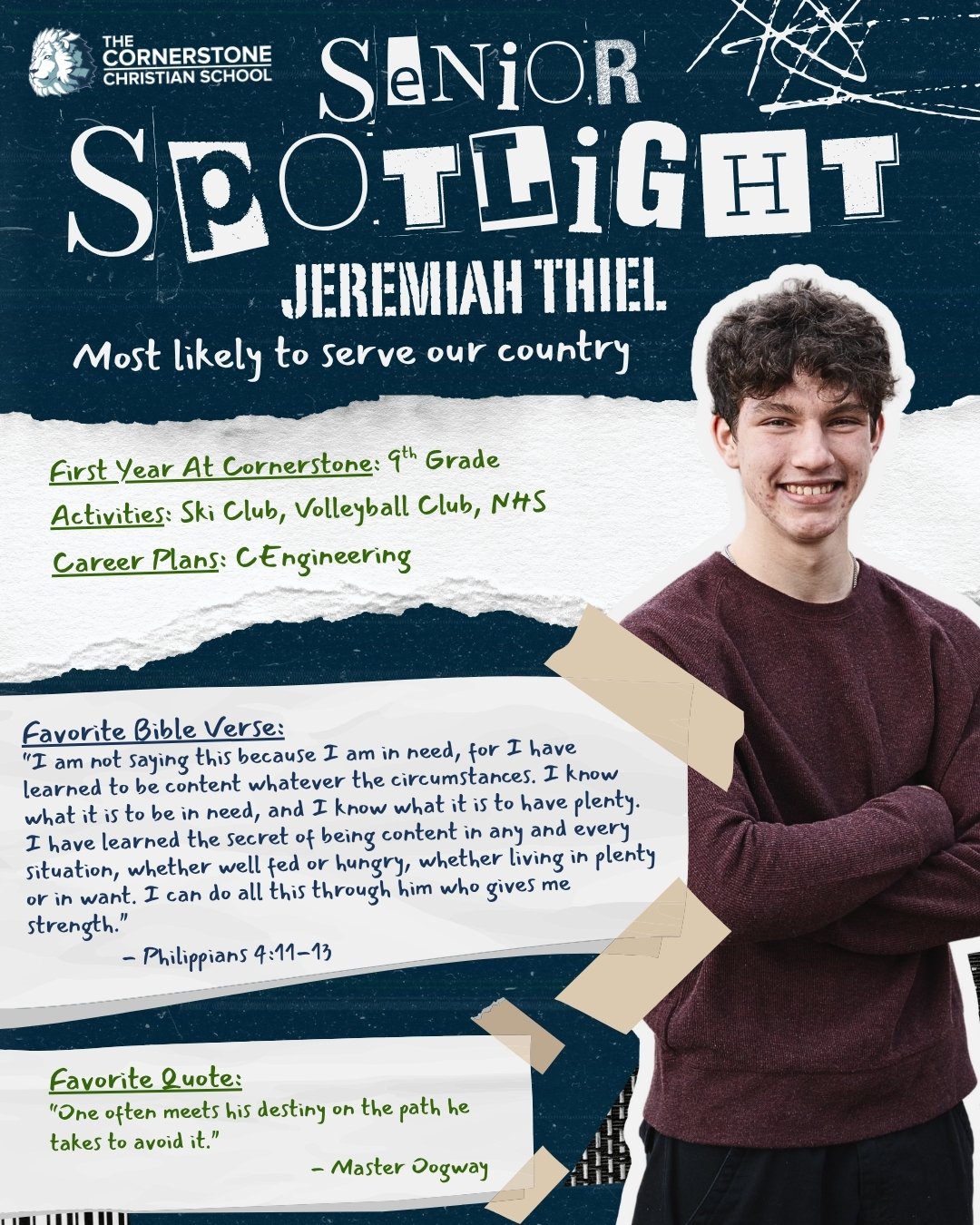 🎓 Senior Spotlight: Class of 2025
Jeremiah Thiel

Jay came to CCS in 9th grade and jumped right in! ⚽🏀 Whether he&rsquo;s on the soccer field, basketball court,  serving on the praise team 🎸🥁, or hitting the slopes with Ski Club 🎿 &mdash; Jay wa