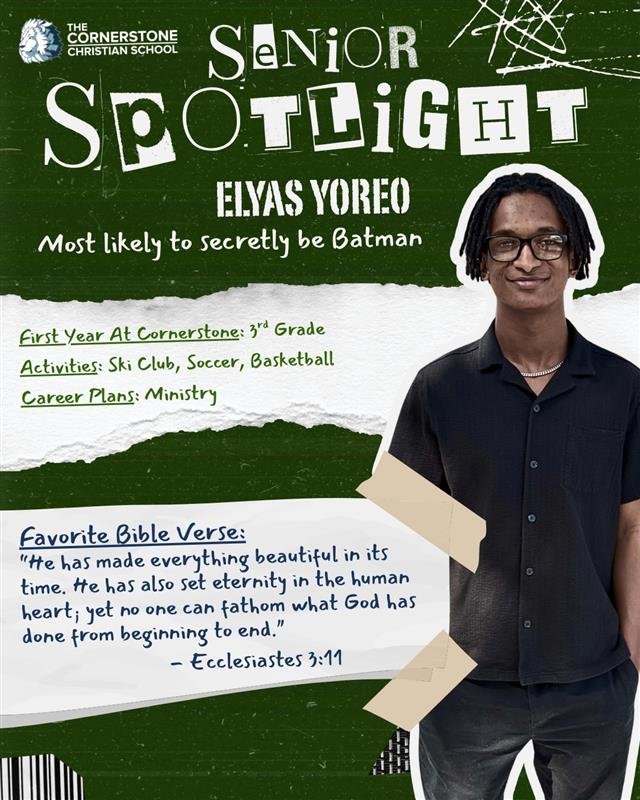 🎓 Senior Spotlight 🎓
Elyas Yoreo
At CCS since 3rd grade 💙

You've seen him on the soccer field ⚽, the basketball court 🏀, and hitting the slopes with Ski Club 🎿. Elyas brings something special to every space he's in &mdash; a loyal friend, quick