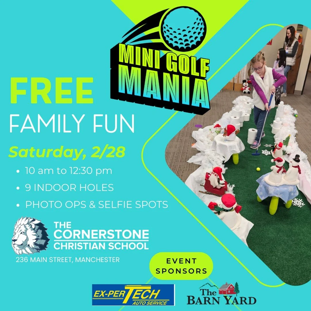Free Indoor Mini Golf for Families! ⛳
Join us for Indoor Mini Golf in Manchester, CT on Feb 28 from 10:00&ndash;12:30 &mdash; perfect for kids and adults of all ages!
🎉 Free to attend
🐔 Chick-fil-A food truck on site (a portion of purchases will be