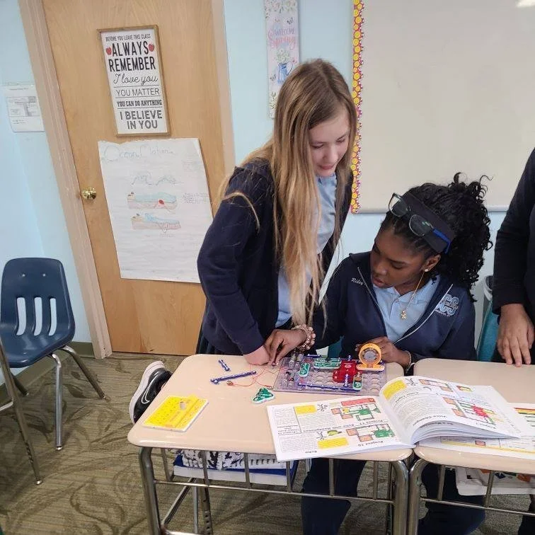 Middle school inventors at work! ⚡

Our 6th graders explored electricity and engineering using Snap Circuits borrowed from the library. Students built projects with lights, sound, and more&mdash;including a working radio that picked up local broadcas
