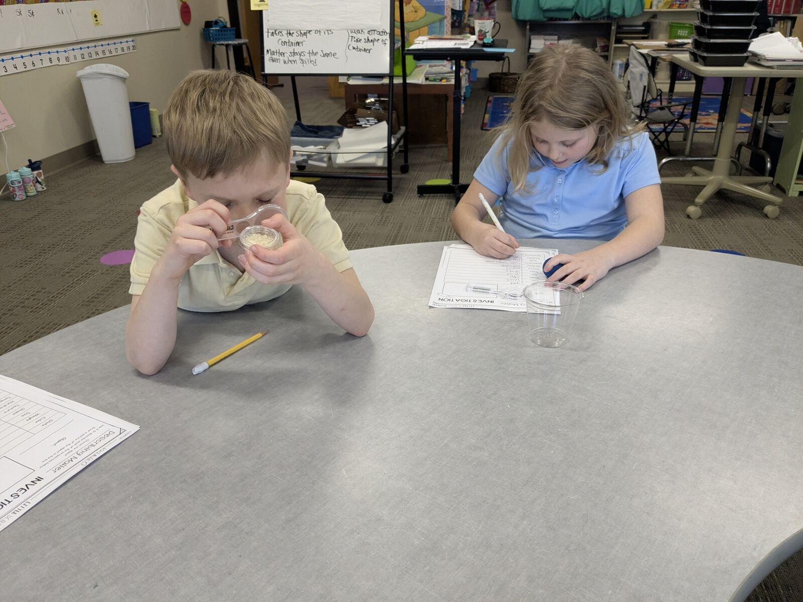 Our 2nd grade scientists have been hard at work investigating the properties of matter! Using magnifying glasses, test tubes, specimen viewers, and lots of curiosity, students explored how different materials look, feel, and behave. Science is even m