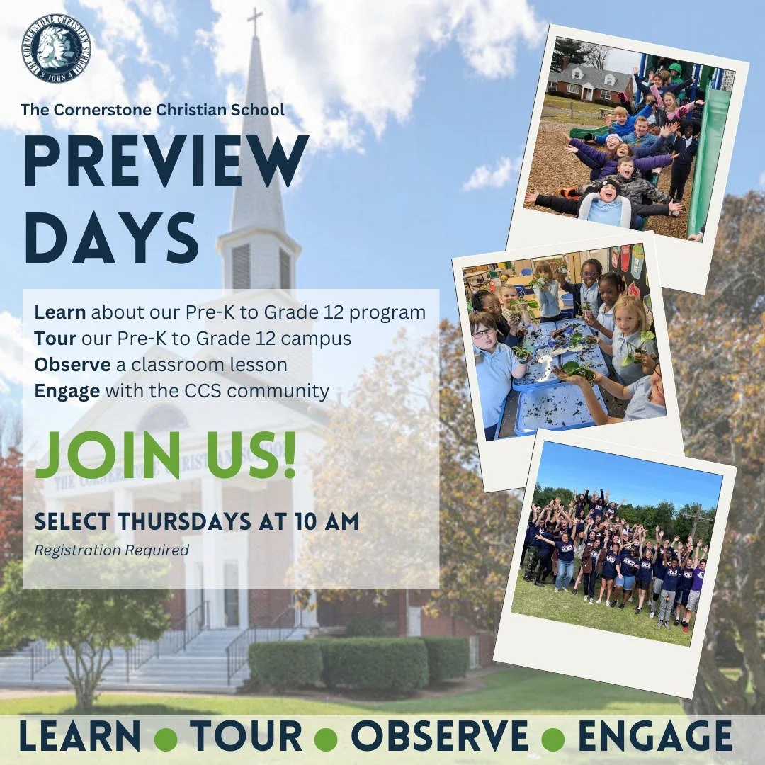 Q: What&rsquo;s a Preview Day? 👀
A: It&rsquo;s your chance to experience Cornerstone up close!

✔️ Short presentation
✔️ Campus tour
✔️ Meet our administrators
✔️ Sign up for a 10-minute classroom observation
✔️ Get your questions answered
✔️ Grab e