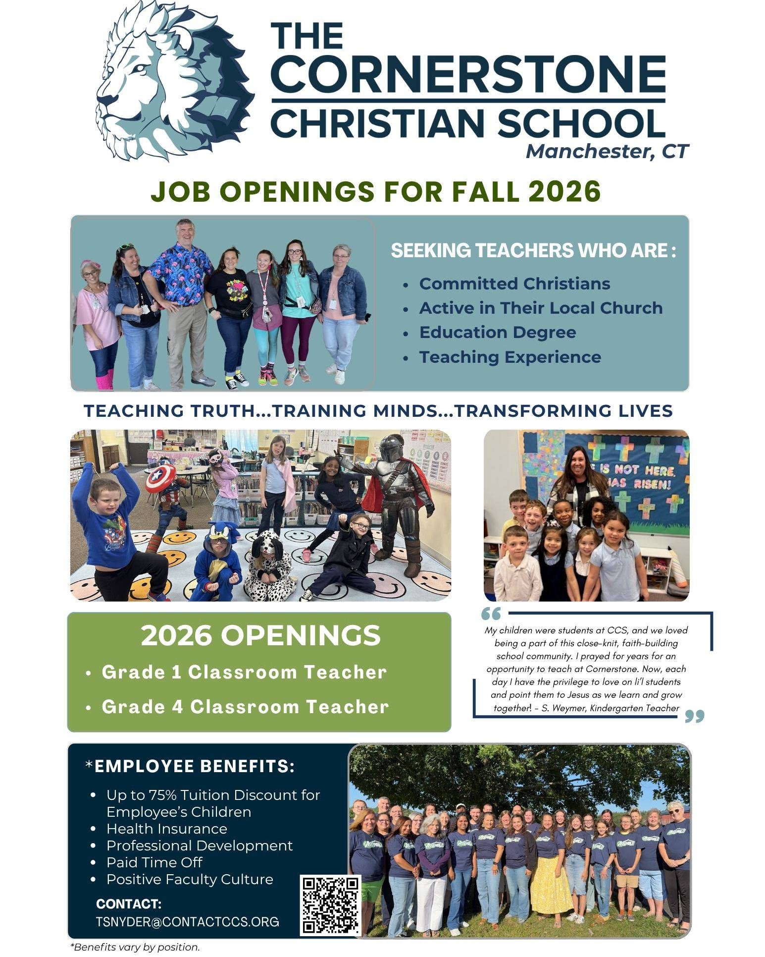 We are hiring for the fall of 2026!
We are seeking a new Grade 1 Classroom Teacher as Mrs. Bolton heads home to take on a new role as a first-time mom!
We are also seeking a Grade 4 Classroom Teacher as Mr. Bushong pursues a new endeavor.
If you know