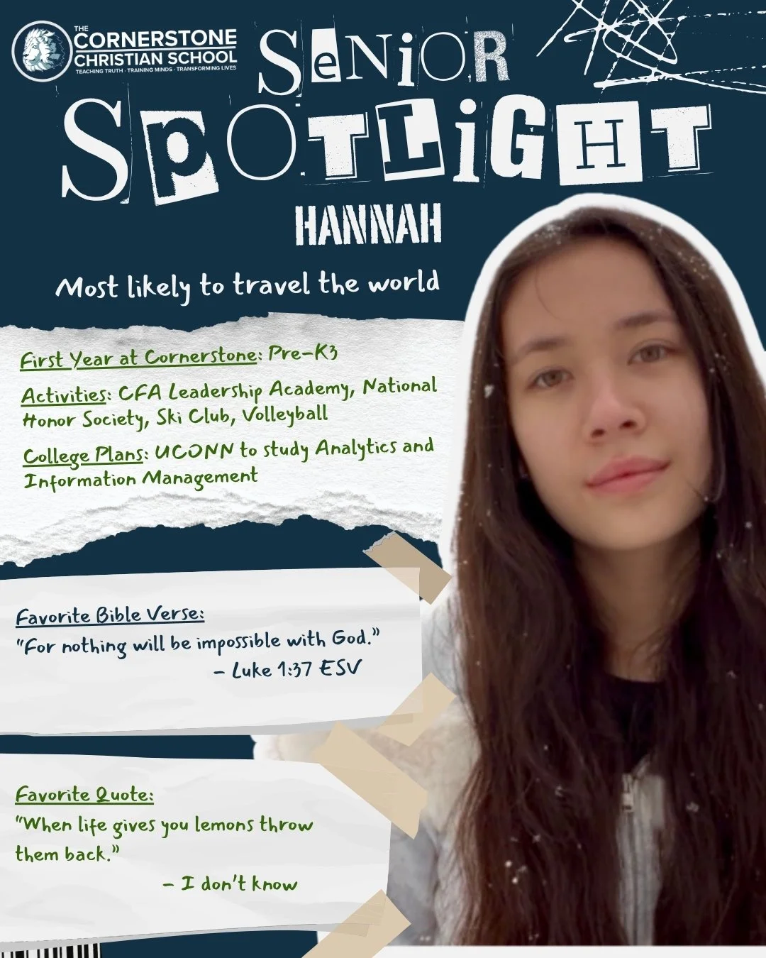 🎓✨ Senior Spotlight: Hannah! ✨🎓

Hannah is one of our Alpha &amp; Omega Graduates this year&mdash;and what a journey it has been! 🦁 She has been a CCS Lion since she was just three years old in Preschool! 💛

Over the years, Hannah has been active