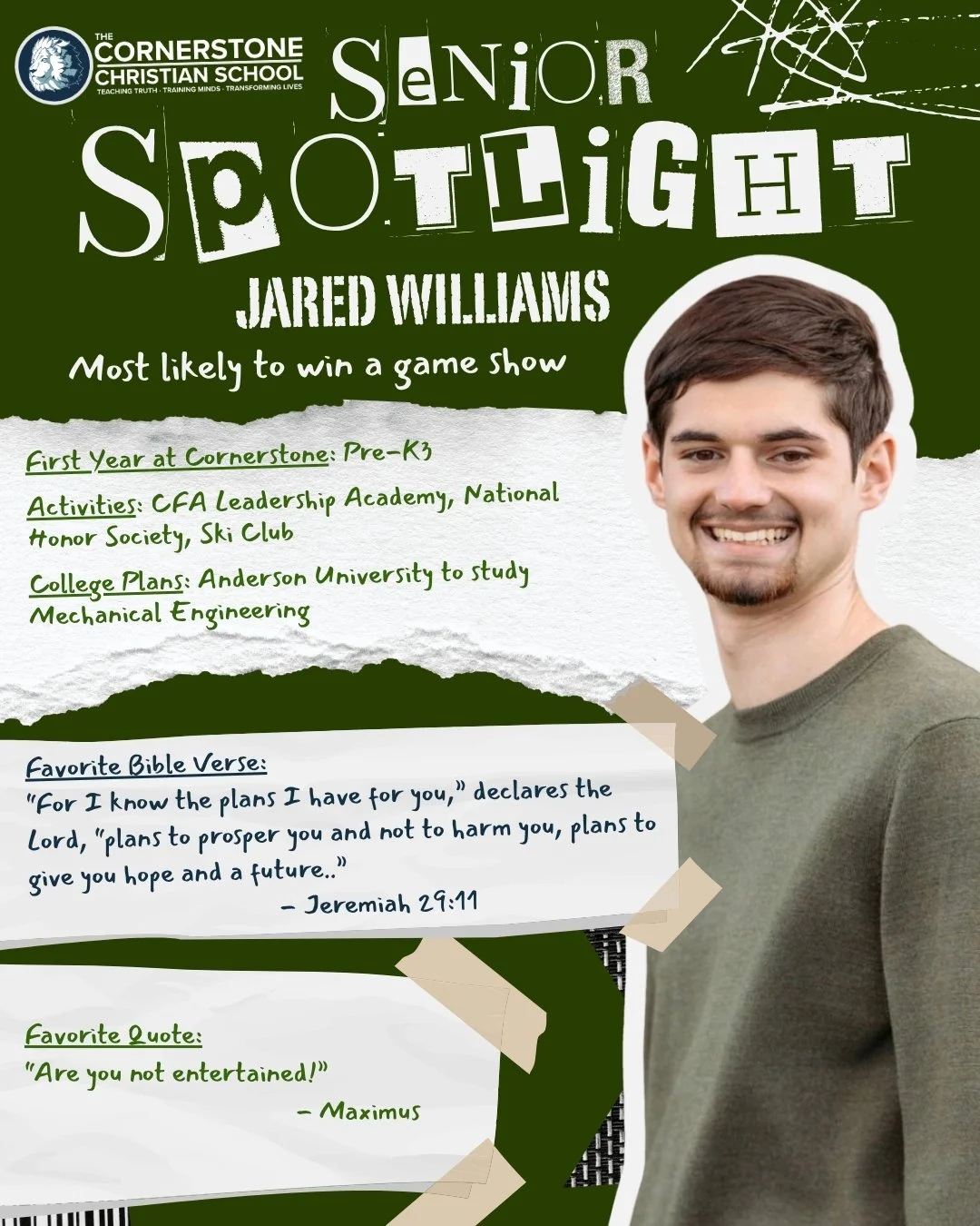🎓✨ Senior Spotlight: Jared Williams! ✨🎓
Jared is one of our Alpha &amp; Omega Graduates this year!🦁 

He has been a CCS Lion since he was just three years old in Preschool! 💛

Over the years, Jared has been actively involved in many areas, includ