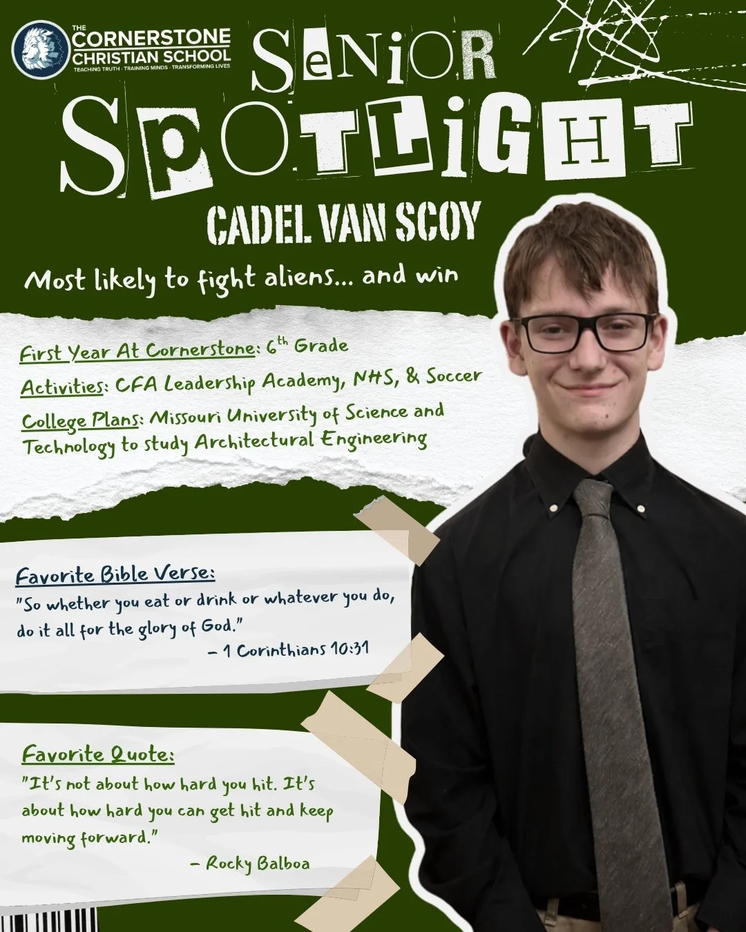 🎓 Senior Spotlight: Cadel Van Scoy 🎉

We&rsquo;re so proud of Cadel, a CCS Lion since 6th grade! 🦁
Over the years, he&rsquo;s made his mark through soccer ⚽, National Honor Society, and Chick-fil-A Leadership Academy &mdash; all while staying grou