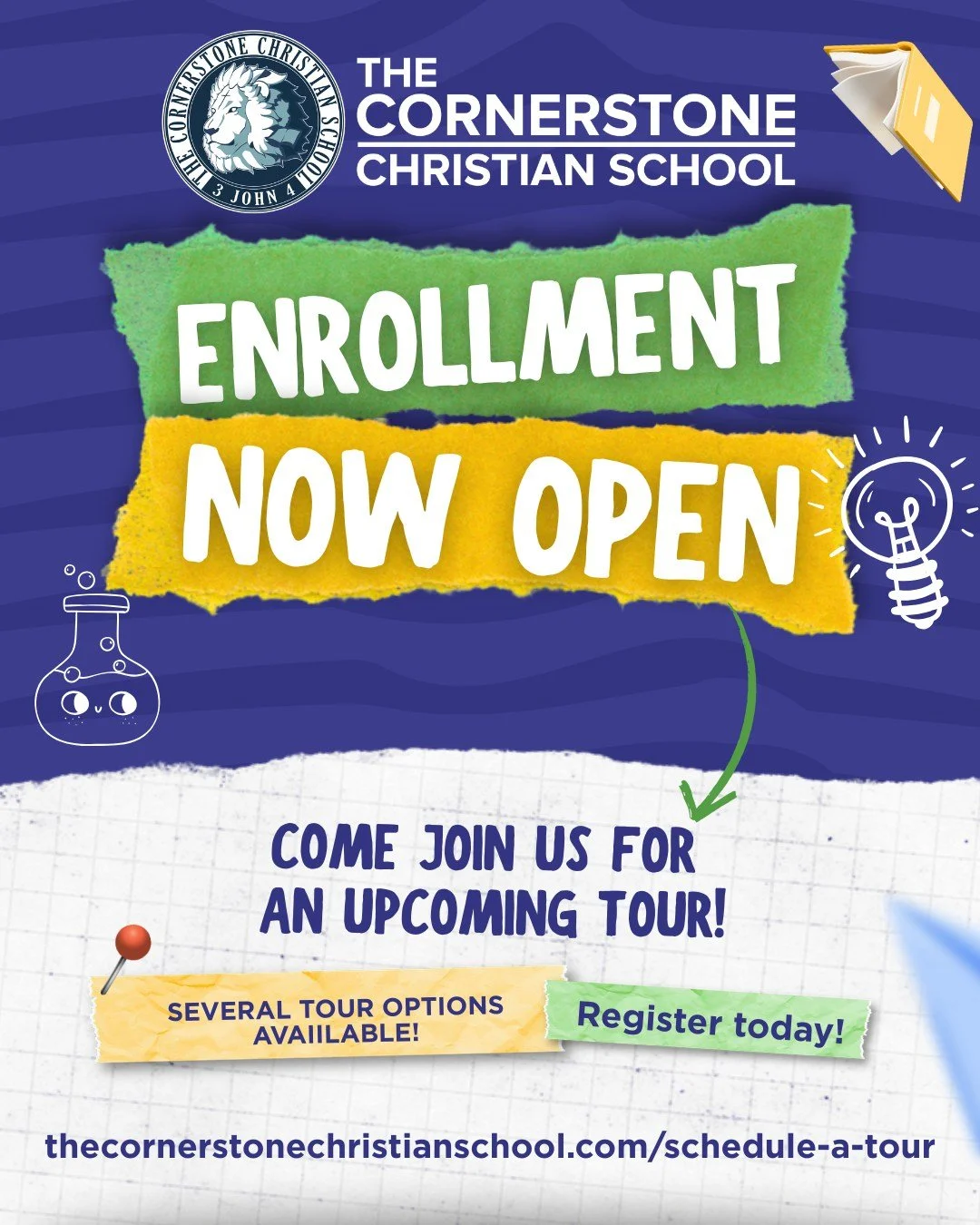 📚 Now Enrolling!

Come see what makes The Cornerstone Christian School such a special place to learn and grow. We invite you to schedule a tour and experience our classrooms, meet our staff, and learn more about our programs.

We offer daytime, even