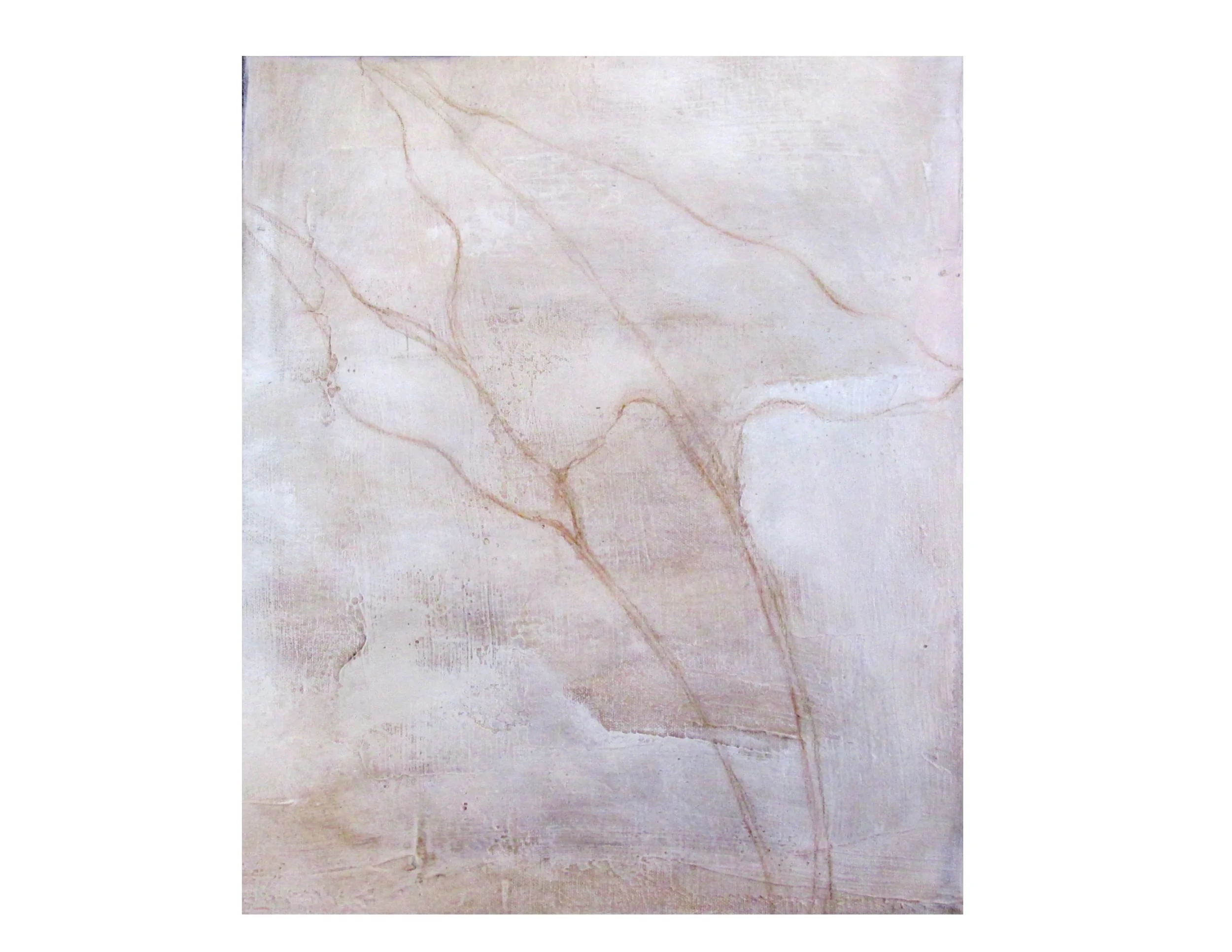 DETAIL OF DRAWN IMAGE. Texture applied to canvas, color rubbed into surface, drawing applied and sealed with encaustic.