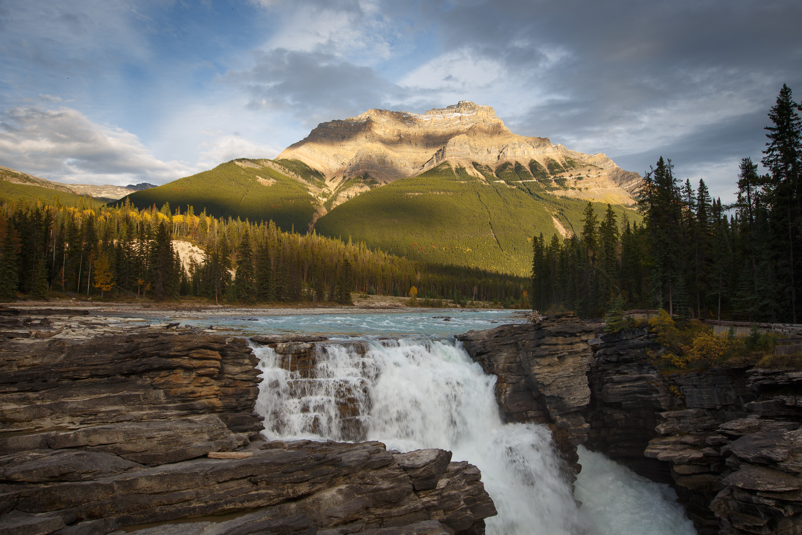 Athabasca Falls, Jasper National Park, Alberta, shortly before sunset, with no filter. The water and clouds are "frozen". ISO 100, 23mm, f/10, 1/40"