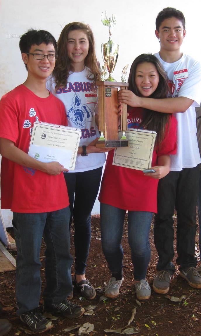 state winners, the 4-H Dirt Devils: Corin Nishimoto, Kiarra Burkitt, Kaitlyn Yamada, and Brian Lavongtheung. Their advisor, Daryl Yamada, is not pictured.