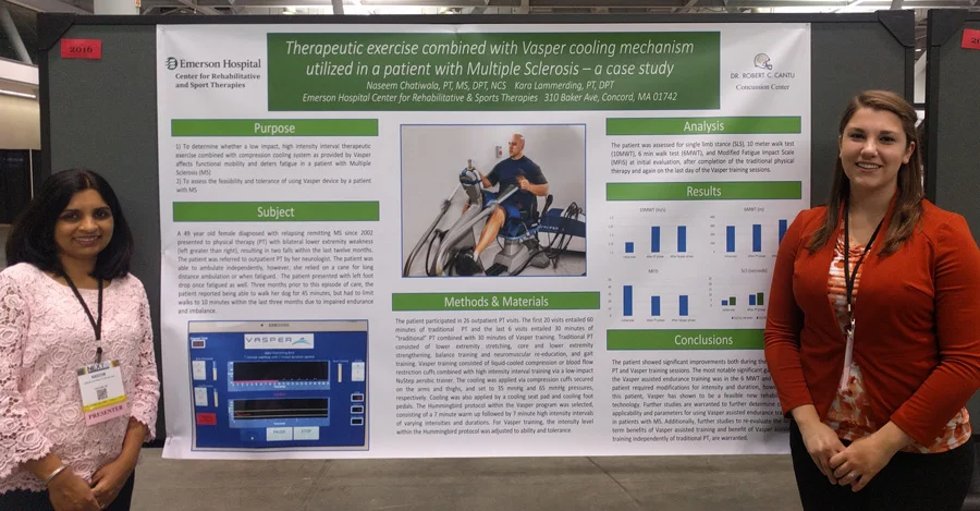 Emerson therapists Naseem Chatiwala, PT, MS, DPT, NCS, (left) and Kara Lammerding, PT, DPT, presented their case study on a novel treatment approach using Vasper exercise equipment for people with multiple sclerosis at the 2017 American Physical The…