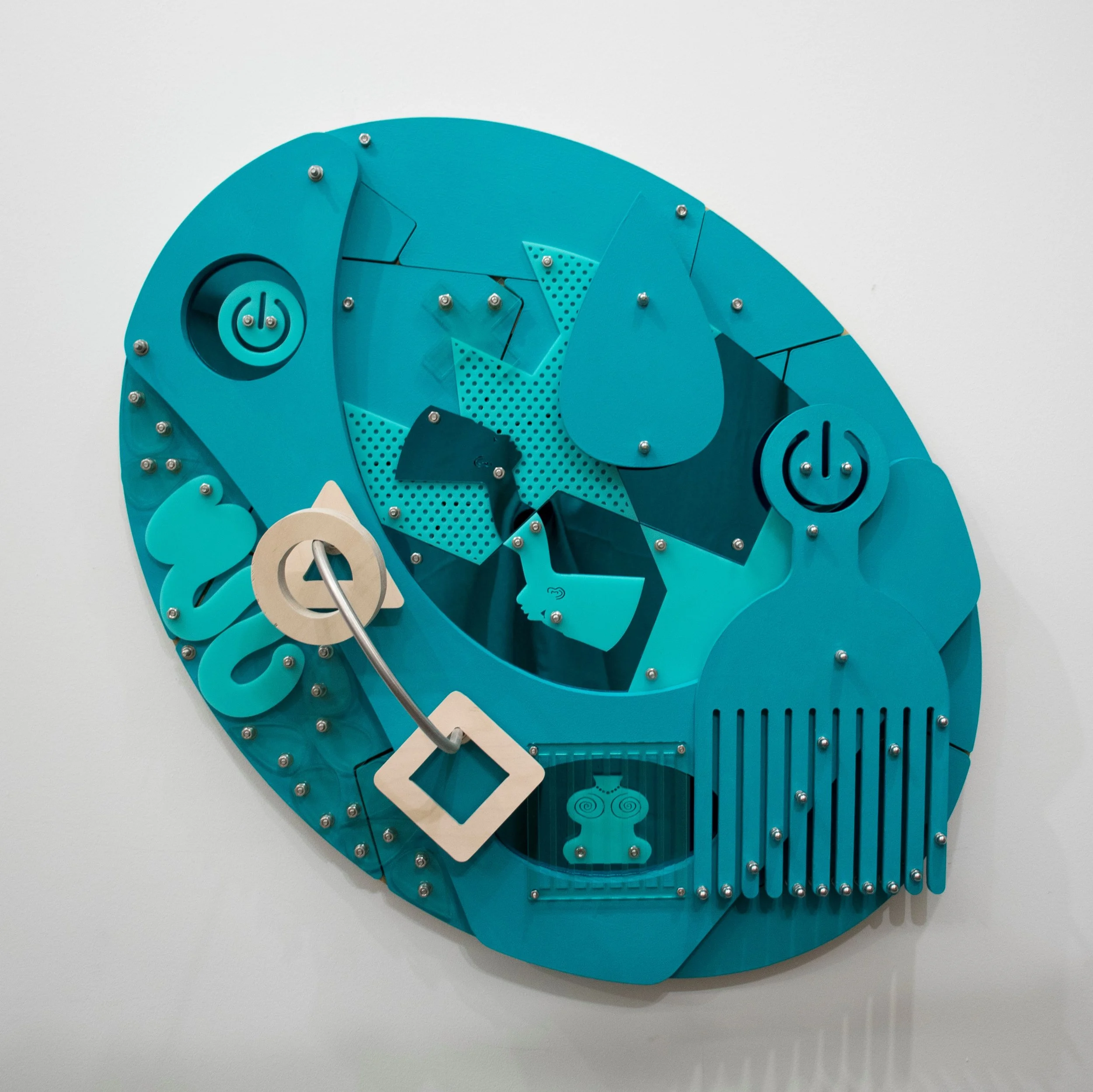 Brain Play (Blackamoors Collage #137) CNC routed MDF and Baltic birch, plexiglass, mirror and stainless steel hardware 36 x 36 inches