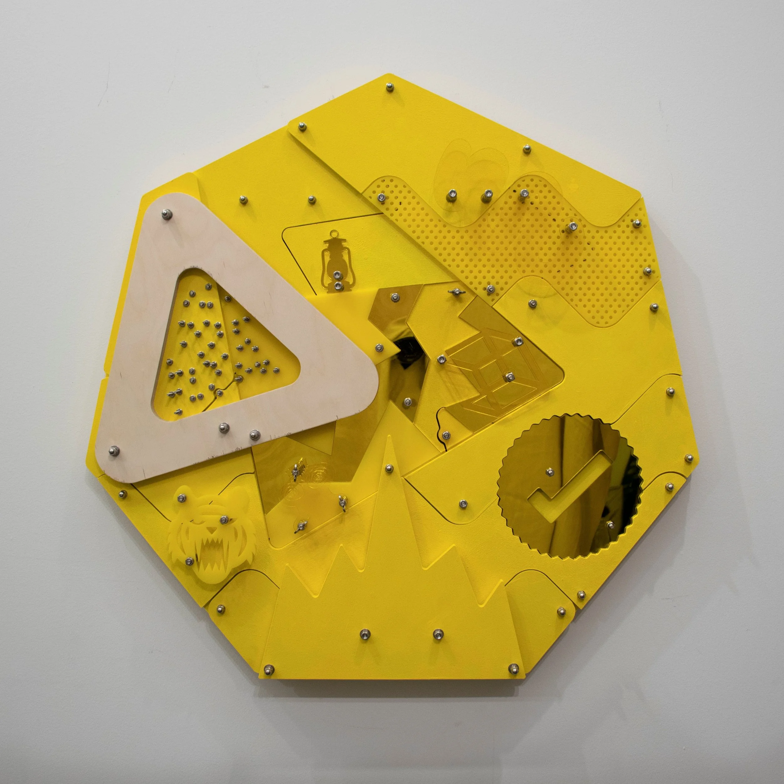 Jokes & Riddles (Blackamoors Collage #135) CNC routed MDF and Baltic birch, plexiglass, mirror and stainless steel hardware 36 x 36 inches