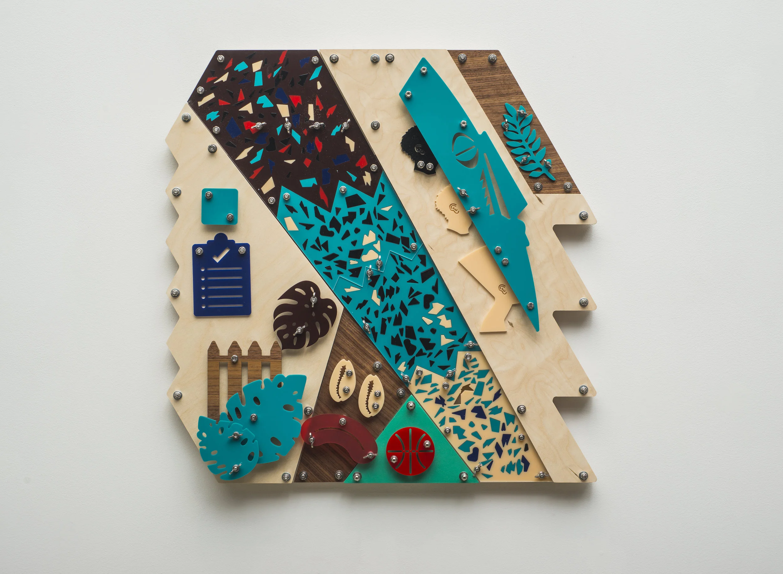 Defensive (Blackamoors Collage #229) CNC routed birch, plexiglass and stainless steel hardware 30 x 30 inches Photo credit: John Carlano