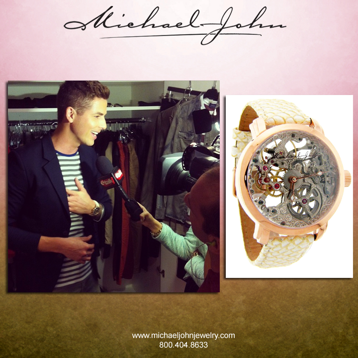 E! News host, Jesse Giddings wears a Michael John Jewelry watch from our Skeleton Collection while giving Etalk a tour of his new office at E!, October 2013.