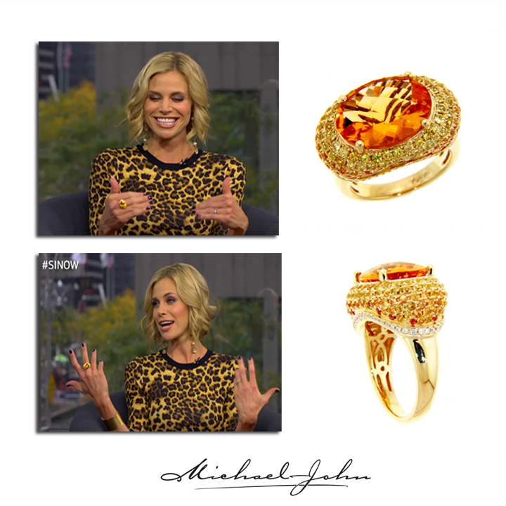 Actress and television host Brooke Burns wears Michael John Jewelry's Yellow Gold and Citrine ring while promoting her new show The Chase on SI NOW , October 2013.