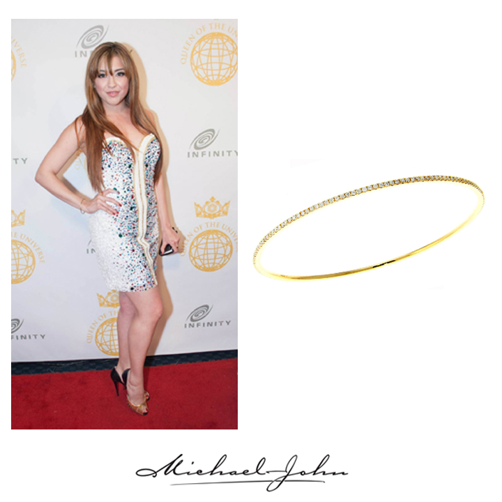 Miss Argentina, Karina Chapa, worked the red carpet of the Queen of the Universe event in Michael John Jewelry's Yellow Gold and Diamond bangle, March 2014. #Argentina #jewels #redcarpet