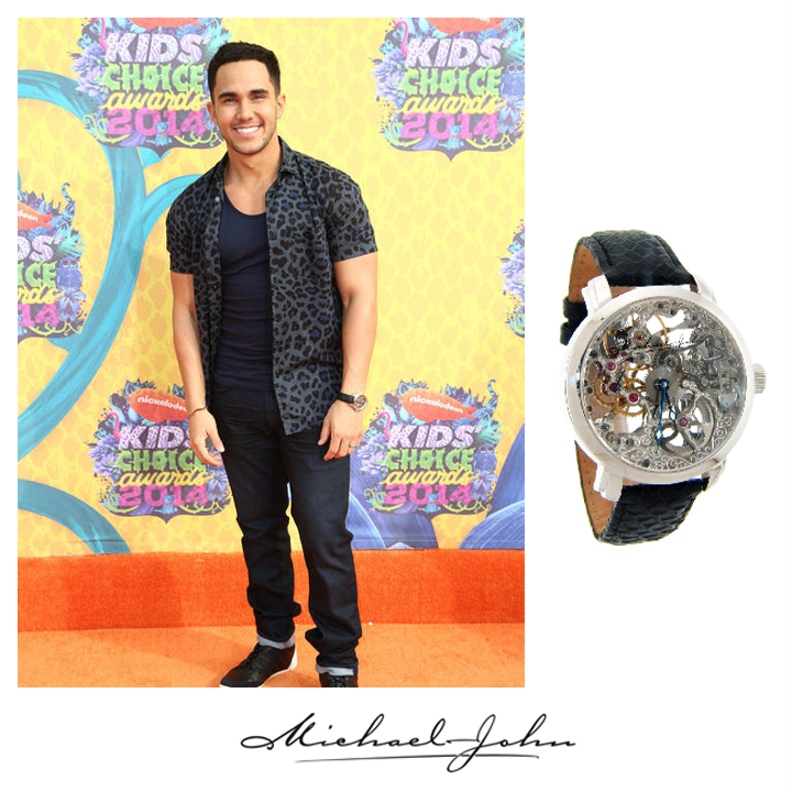 Carlos Pena , star of Nickelodeon 's hit show Big Time Rush looked dapper in Michael John Jewelry's Skeleton watch at the Kids' Choice Awards , March 2014. #KidsChoiceAwards