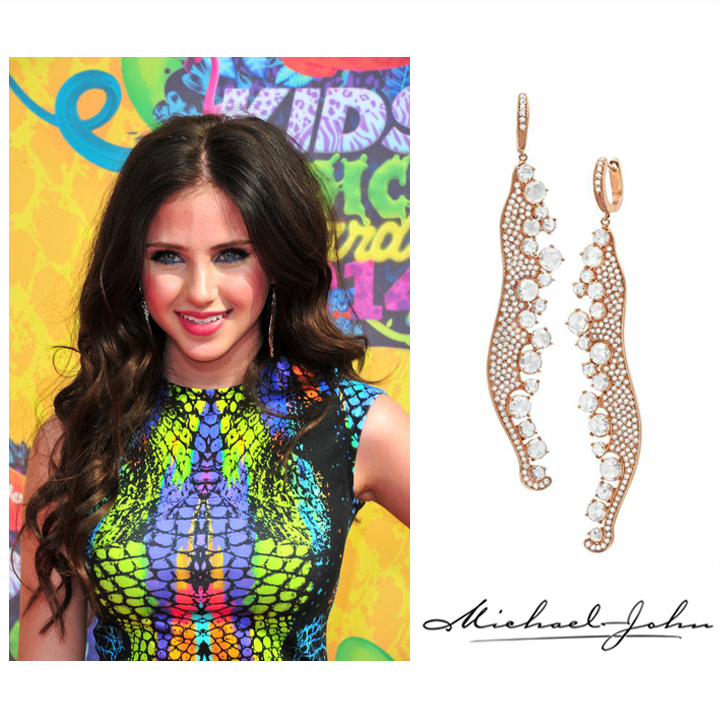 Ryan Newman , Co-host of the Kids' Choice Awards Orange Carpet pre-show and star of #Nickelodeon 's, See Dad Run , looked adorably chic in Michael John Jewelry's Rose Gold and rose cut Diamond drop earrings, March 2014. #KidsChoiceAwards