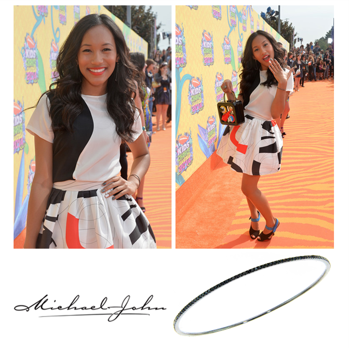 Sydney Park , Co-host of the Kids' Choice Awards Orange Carpet pre-show and star of #Nickelodeon 's hit show, Instant Mom , looked fab in Michael John Jewelry's Black Gold and Diamond bangle, March 2014. #KidsChoiceAwards