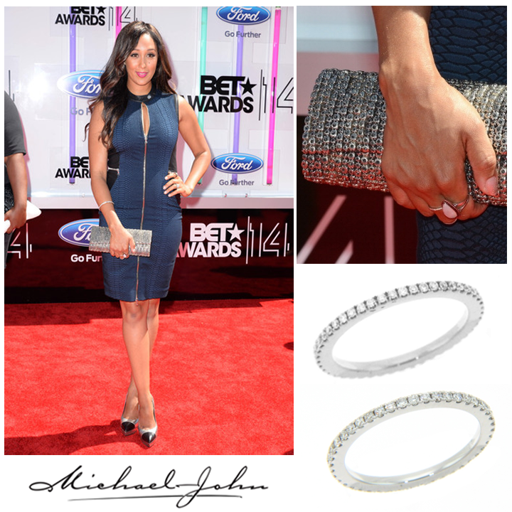 Twin sister shines in Michael John Jewelry! Actress and host of #TheReal , Tamera Mowry , looked glam in our White Gold eternity bands on the #redcarpet at the BET Awards , July 2014.