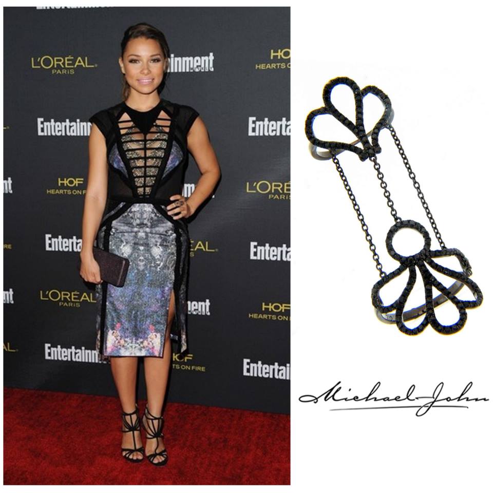 Spotted: Actress, Jessica Parker Kennedy , looked ravishing at Entertainment Weekly 's Pre- #Emmy Party wearing our Black Gold and #Diamond double ring, August 2014. #EntertainmentWeekly