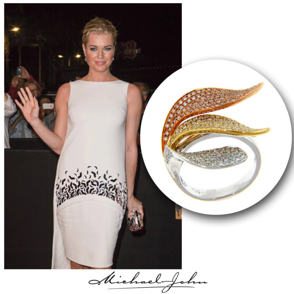 Exquisite in white! Model and #actress , Rebecca Romijn , looked stunning on the #redcarpet in our Yellow, White and Rose Gold leaf ring at the #MipCom event, October 2014.