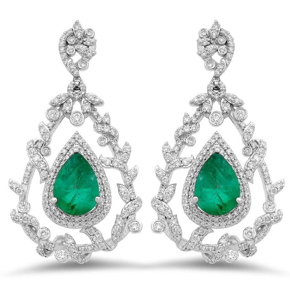18K white gold earrings with diamond and emeralds - SKU#: 23987 — Michael  John Bridal