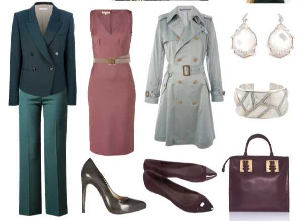 Miscellaneous outfits in Soft Summer colors for the Sophisticate Image Archetype.